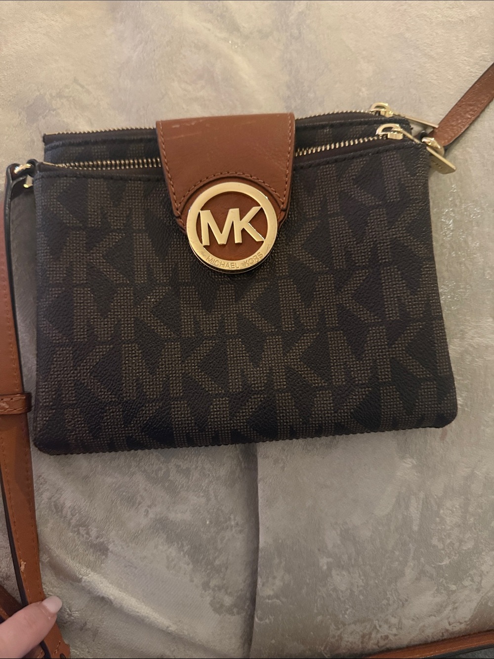 Michael Kors Black and Brown MK Logo Crossbody with Gold Accent